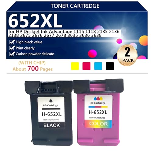 652XL Cartucho de Tinta de Repuesto para HP Deskjet Ink Advantage 1115 1118 2135 2136 2138 2675 2676 2677 2678 3635 3636 3638 Impresoras, 700 Páginas,BCMY-1 Pack