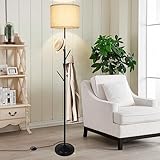 DLLT Floor Lamp with Coat Rack, Multi-Purpose Standing Floor Lamp for Living Room Bedroom Office, 3000K Modern Tall Pole Lamp with Lamp Shade & Foot Switch, 9W Bulb Included, Black, E26