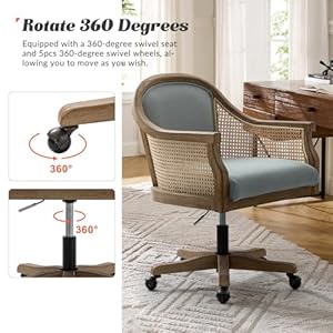 HULALA HOME Rattan Desk Chair Upholstered Home Office Chair Vintage Office Chair with Armrest Adjustable Swivel Rolling Height Task Chair for Living Room Bedroom Study Room Blue