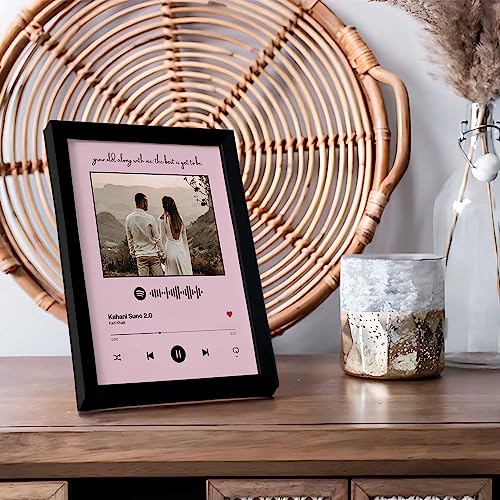 Image of Ritwika's Personalized Spotify Song Barcode with Photo & Message Digital Print Engineered Wooden Frame for Desk 17 X 22 CM Light Pink Set of 1 Rectangular,Tabletop