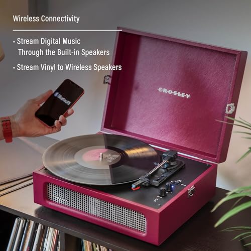 Image of Crosley CR8017B-BU Voyager Record Player, Burgundy | 3-Speed Turntable, Bluetooth In / Out, Built-in Full-Range Stereo Speakers, Adjustable Pitch Control