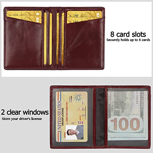 Image of Unaone Slim Minimalist Wallet - Premium Leather RFID Blocking Front Pocket Wallets with 8 Card Slots and 2 ID Window, Wine Red