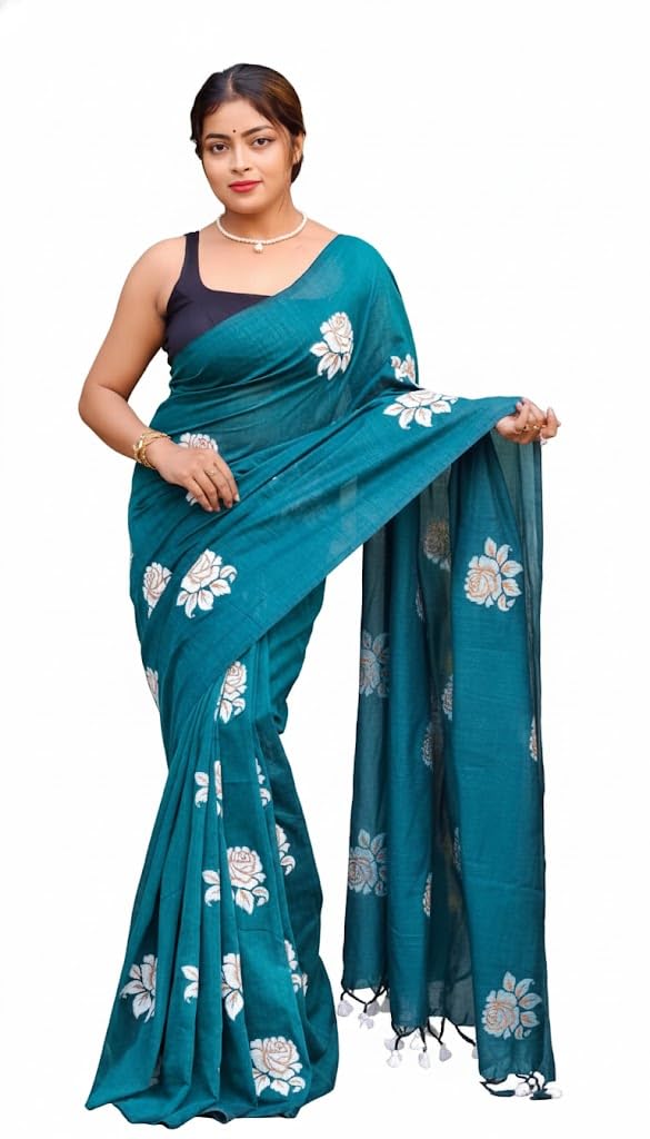 Cotton Saree with White Floral Embroidery, Organza Fabric, Traditional Indian Ethnic Wear-image-17