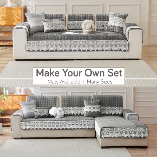 Image of HOKIPO 'BelleLace Series' Imperial Milk Velvet Sofa Cover Mat with Lace Design| Make Your Own Sofa Cover Set, Mat Length 90(D) x 60(L) cm, Porpoise Grey (AR-5962-DGRY)