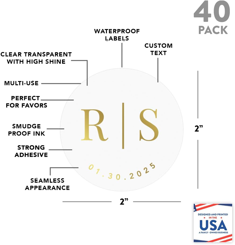 Andaz Press 2" Round Clear Personalized Wedding Sticker Labels with Gold Custom Minimal Monogram Vinyl Personalized Wedding Invitation Stickers, Seals for Envelopes, 40-Pack