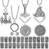 Fscwlmon 30 Pcs Norse Viking Runes Necklace Amulet Protection Pendant Hair Beard Beads Thor Hammer Jewelry for Men Women DIY Dragon