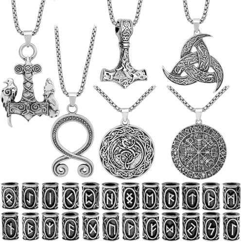 30 Pcs Norse Viking Runes Necklace Amulet Protection Pendant Hair Beard Beads Thor Hammer Jewelry for Men Women DIY