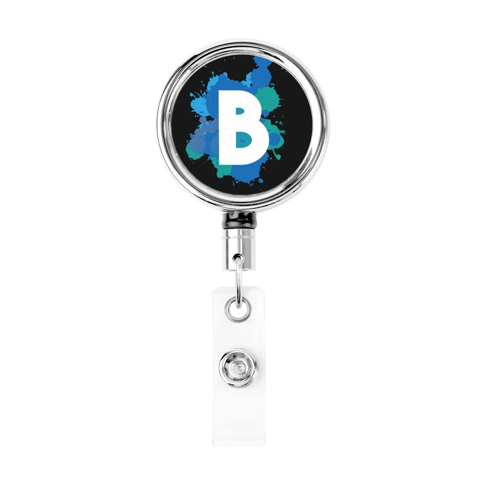 Initial Retractable Badge Holder, Colorful Badge Key Chain with Belt Clip, Metal ID Card Holder with Badge Reel for Nurse, Volunteer, Teacher, Student, Office, Splatter Letter B