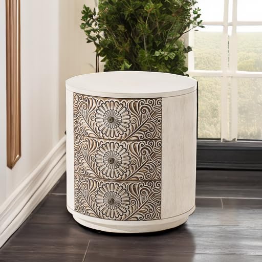 Image of HOMPUS Round End Table with Carved Floral Pattern, Vintage Nightstand w 3 Storage Drawers, Modern 3 Drawer Dresser, Wood Retro Accent End Table for Living Room, Bedroom, Distress White