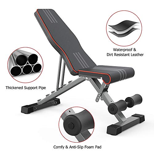OUNUO Adjustable Weight Bench Foldable, Fitness Workout Bench Weight Lifting Sit-up Multi-use Exercise Bench Flat Incline Decline Bench Press for Home Gym Training
