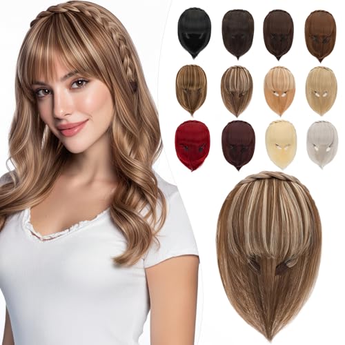 Elailite Flequillo Protesis Capilar Postizo Pelo Hairband Diadema Trenzada para Mujer Hair Topper Cabello Sintético 92g # Marrón Claro/Rubio