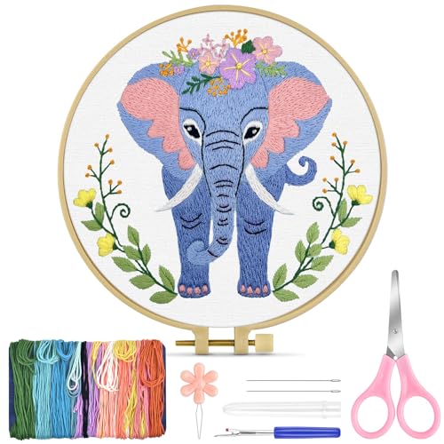 Image of TINDTOP Embroidery Kit for Beginners Adult, Elephant Embroidery Kit for Beginners Include Embroidery Cloth Hoops Threads for Craft Lover Hand Stitch with Embroidery Skill Techniques | Include Embroidery Cloth Hoops Threads for Craft Lover Hand Stitch with Embroidery Skill Techniques