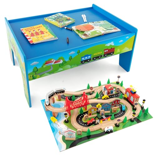 COSTWAY 2 en 1 80PCS Table Circuit de Train en Bois avec Plateau Réversible, Table Enfants avec Apparence Colorée, Coins Arrondis, Table de Jeux Train pour Enfants de...