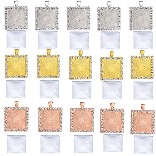 30 Pcs Rhinestone Bezel Pendant Trays Set,15 Pcs 3 Colors 25mm Square Bezel Pendant Trays Blank Bases with 15 Pcs Clear 25mm Square Glass Cabochons for Photo Pendant DIY Jewelry Craft Making