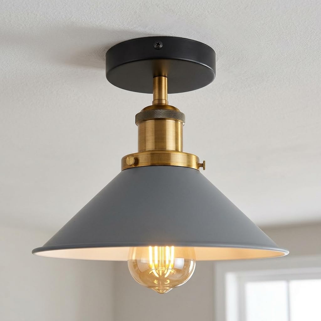 DC VOLTAGE Semi Flush Ceiling Light 22cm Metal Shade E27 Ceiling Light Fitting Industrial Vintage Lighting for Kitchen Bedroom Hallway Living Room Grey Without Bulb