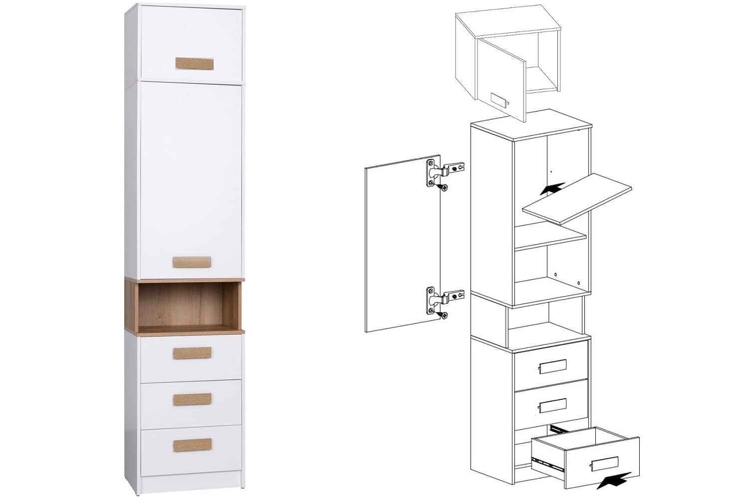 Marmex Kinderzimmer Komplettes Set Grant 11, im Set: Eckschrank + hohes Standregal mit Verlängerung, Schreibtisch 110 cm, 2X Wandregal - Farbe Weiß + Riviera Eiche