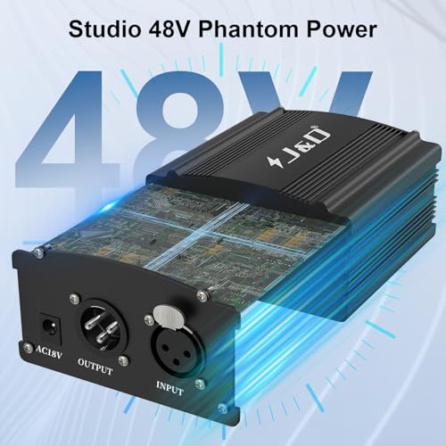 J&D 48V Phantom Power Supply, 1-Kanal Design mit Adapter, Kompatibel mit Allen Kondensatormikrofonen, Ideal für professionelle Musikaufnahmen und Studioanwendungen, Schwarz