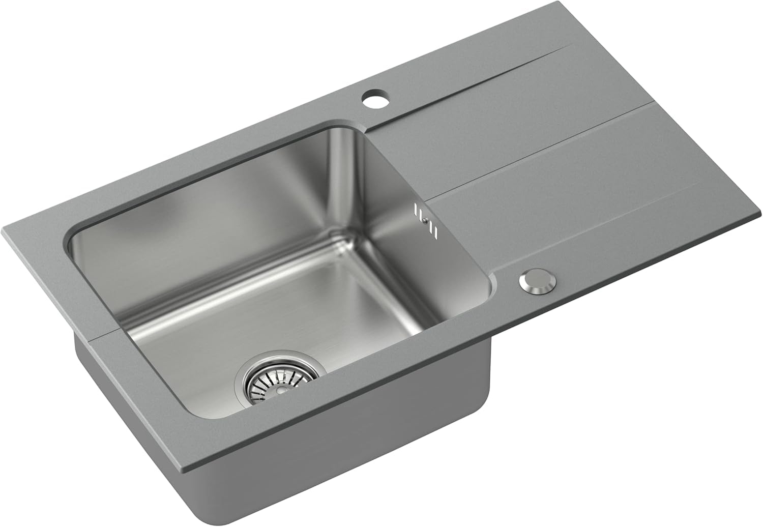 QUADRON fregadero gris | tamaño 78 x 44 cm | EDWARD fregadero de acero inoxidable de un seno con cubeta de acero | fregadero de granito con sifón manual y tapón de rosca | con escurridor