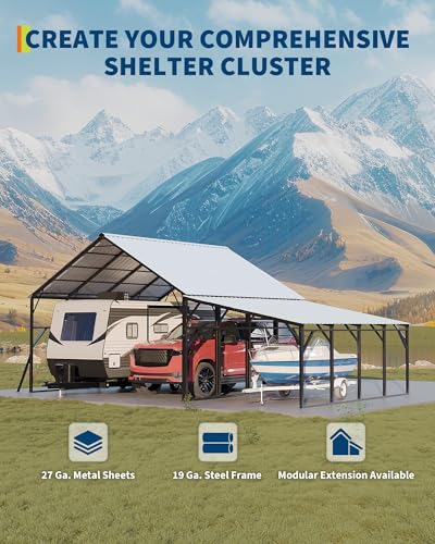 Image of Garvee 12x20 ft Lean-to Metal Carport, Vertical Roof Wall-Mounted Car Port with 11.5 Slope, Heavy-Duty 19-Ga. Steel Frame, 107 inch to 78 inch Height Clearance for SUV & Pickup
