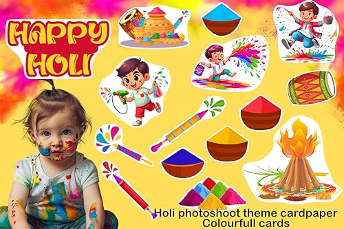 Image of 20+ Pcs Theme Photo Booth Cards /Props for Kids, New Born, 20+ Pcs Props for Photoshoot Celebrations Decorations Cardstock (Holi Theme)