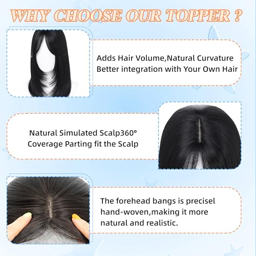 Image of Synthetic Hair Topper with Bangs 18 Inch Layered Toppers for Women with Thinning Hair 5.5 inch x 5 inch hand Tied Forehead Hairline 360 3D Cover Wispy Synthetic Toppers Hair for Women Fiber Wiglets