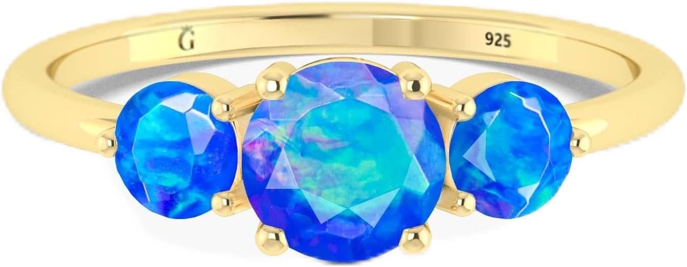Natural Opal 3 Stone Engagement Ring for Womens in Yellow Gold Plated Ruby, Moonstone Multi Gemstones Jewelry Gift for Ladies (Wedding, Anniversary, Promise Rings)