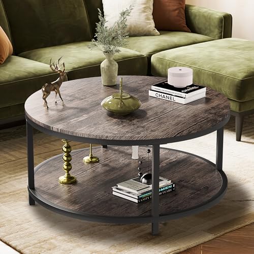 Image of Round Coffee Table 36 inch, 2-Tier Living Room Center Table with Storage Shelf, Rustic Wood Top & Sturdy Metal Frame, Modern Coffee Table for Family, Spacious Rooms, and Home Furniture (Light Walnut)