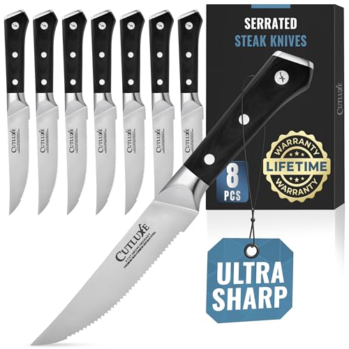 Cutluxe Steak Knives Set of 8, Serrated Steak Knives –