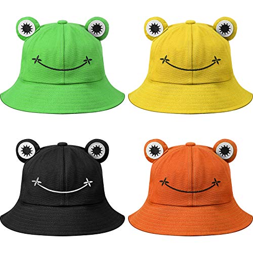 Geyoga 4 Pack Frog Bucket Hats Wide Brim Cute Fisherman Cotton Frog Hat for Sun Protection Outdoor Sports(56-58 cm)