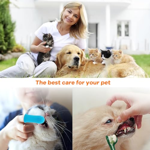 Hunde Zahnbürsten-Set, 2 Stück Dreifach Köpfe Hundezahnbürsten, 4 Finger Zahnbürste, 2 Doppelköpfige Zahnbürste, Multi-Winkel-Zahnreinigungsset für Kleine, Mittelgroße und Große Haustiere