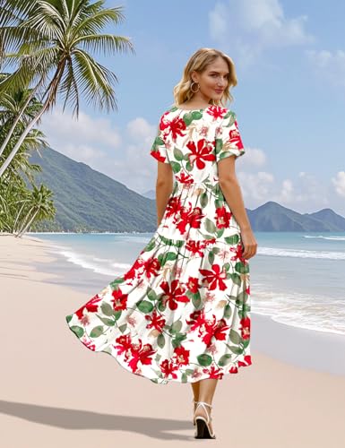 Image of YESNO Women's Summer Maxi Dresses Casual Floral Short Sleeve V Neck Boho Beach Vacation Swing Dress with Pockets EVF