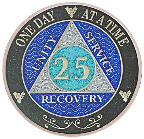 (1-50 Years) AA 25 Year Recovery Silver Color Plated Glitter Medallion, Black Rainbow, Blue, Silver Glitter Coin, Epoxy Covered (AA 25 Year Glitter Medallion)