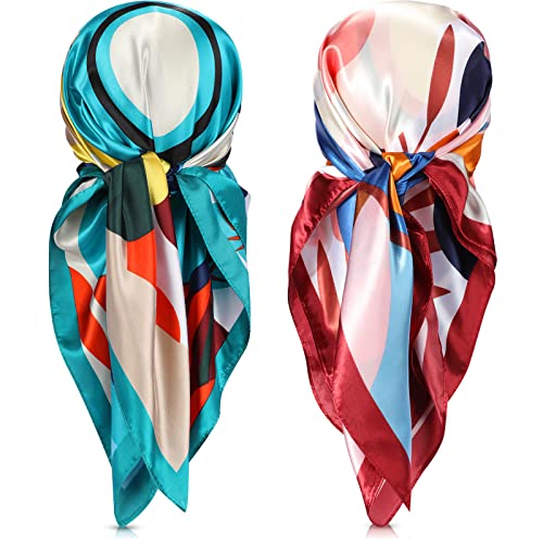 SATINIOR 35 Inch Silky Head Scarf 2 Pcs Large Square Neck Scarf Sleeping Hair Wrapping Satin Bandana for Women(Vivid Color,Floral Style) - Main Image