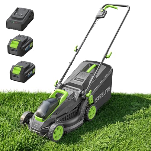 STEELITE Electric Lawn Mower, 2x20V 13 Inch Cordless Lawn Mower, 5-Position Cutting Height Adjustment, 2x4.0Ah Battery and 1 Charger Included, Ideal for Graden,Yard and Farm