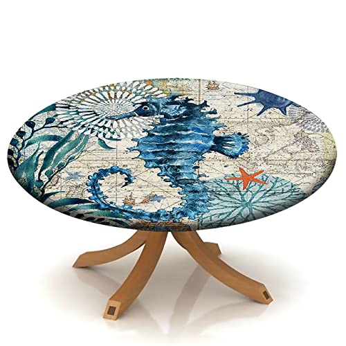 Ocean Sea Horse Theme Round Fitted Tablecloth Blue Green Octopuselastic Edge Table Cover, Polyester Table Pad Cloth for Indoor Outdoor Party Dinner Patio Decor Fits Tables Up to 32