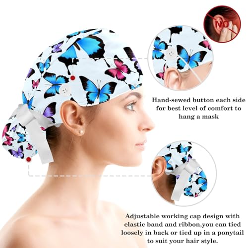 Image of Colored Butterflies Scrub Caps Women, Adjustable Working Cap with Button, Surgical Caps with Bow Hair Scrunchy
