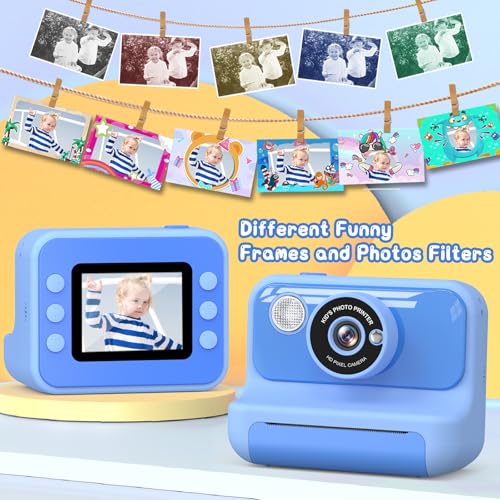 Hangrui Sofortbildkamera Kinder, 2,4 Zoll Kinderkamera Sofortbildkamera mit 32G Karte & Druckpapier, 1080P Kamera Kinder Sofortdruck mit Farbige Stifte, Geschenk für Kinders 3-12 Jahren-Blau