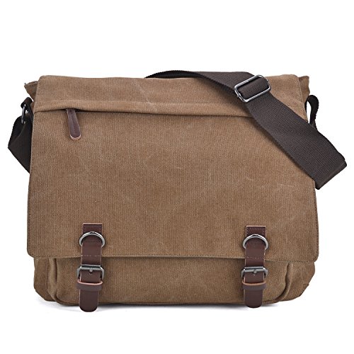 Large Vintage Canvas Messenger Shoulder Bag Crossbody Bookbag Business Bag for 15inch Laptop Brown