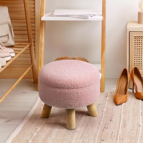 Small Round Ottoman Foot Rest with Storage, Boucle Teddy Velvet Cushion, Wood Legs (Pink)