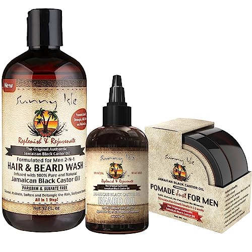 Sunny Isle JBCO 2-N-1 Hair & Beard Wash Formulated for Men 12oz with Beard Oil and Pomade 4oz Set