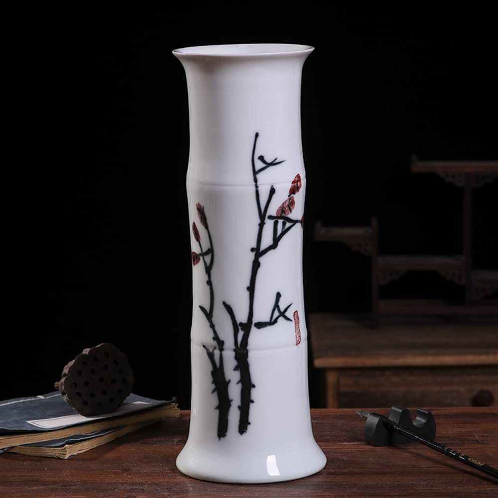 asdchZen Jingdezhen Hand-Painted Chinoiserie Wealthy Bamboo Ceramic Vase Flower Arrangement Decoration Living Room Straight Tube Hydroponic Flower Arrangement,E