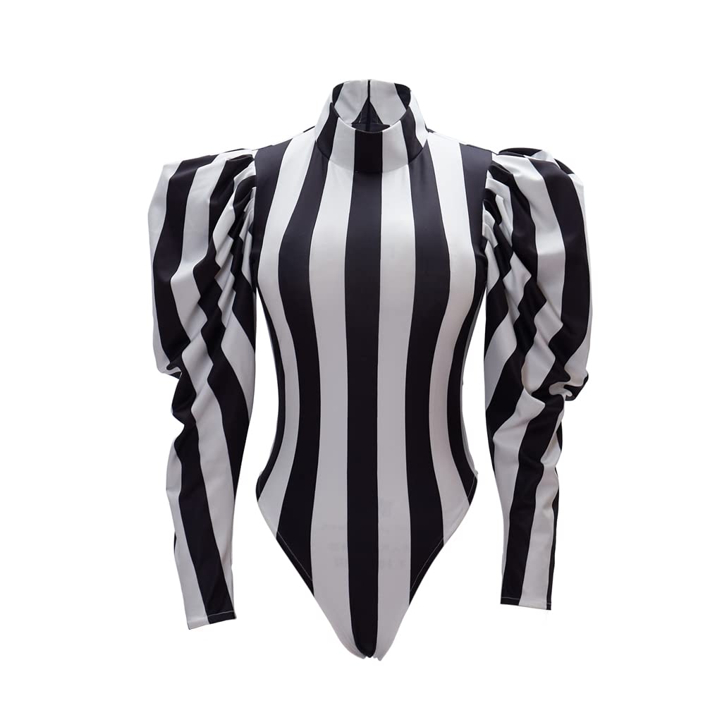 CosplayDiyWomen's Black White Striped Jumpsuit Adult Sexy Bodysuit Cosplay Costume