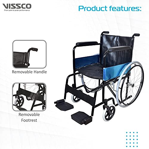 Image of Vissco Rodeo Plus Wheelchair with Spoke Wheels, Foldable, Fixed Handle and Swingable Footrest, for Elderly and Patients, Weight Capacity 110kg, Durable and Travel-Friendly (Black)