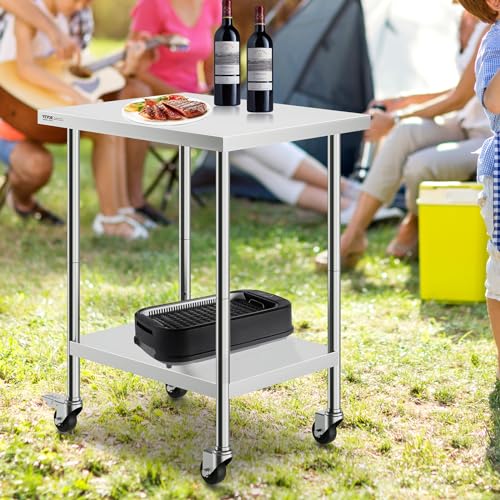 Image of VEVOR Stainless Steel Work Table 24 x 30 x 38 Inch, with 4 Wheels, 3 Adjustable Height Levels, Heavy Duty Food Prep Worktable for Commercial Kitchen Restaurant, Silver