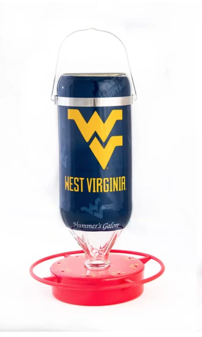 Hummer's Galore, NCAA College Football Hummingbird Feeder, Glass Hummingbird Feeder with UV Resistant Plastic Wrap for Outdoors Hanging, 32 oz, (West Virginia Mountaineers)