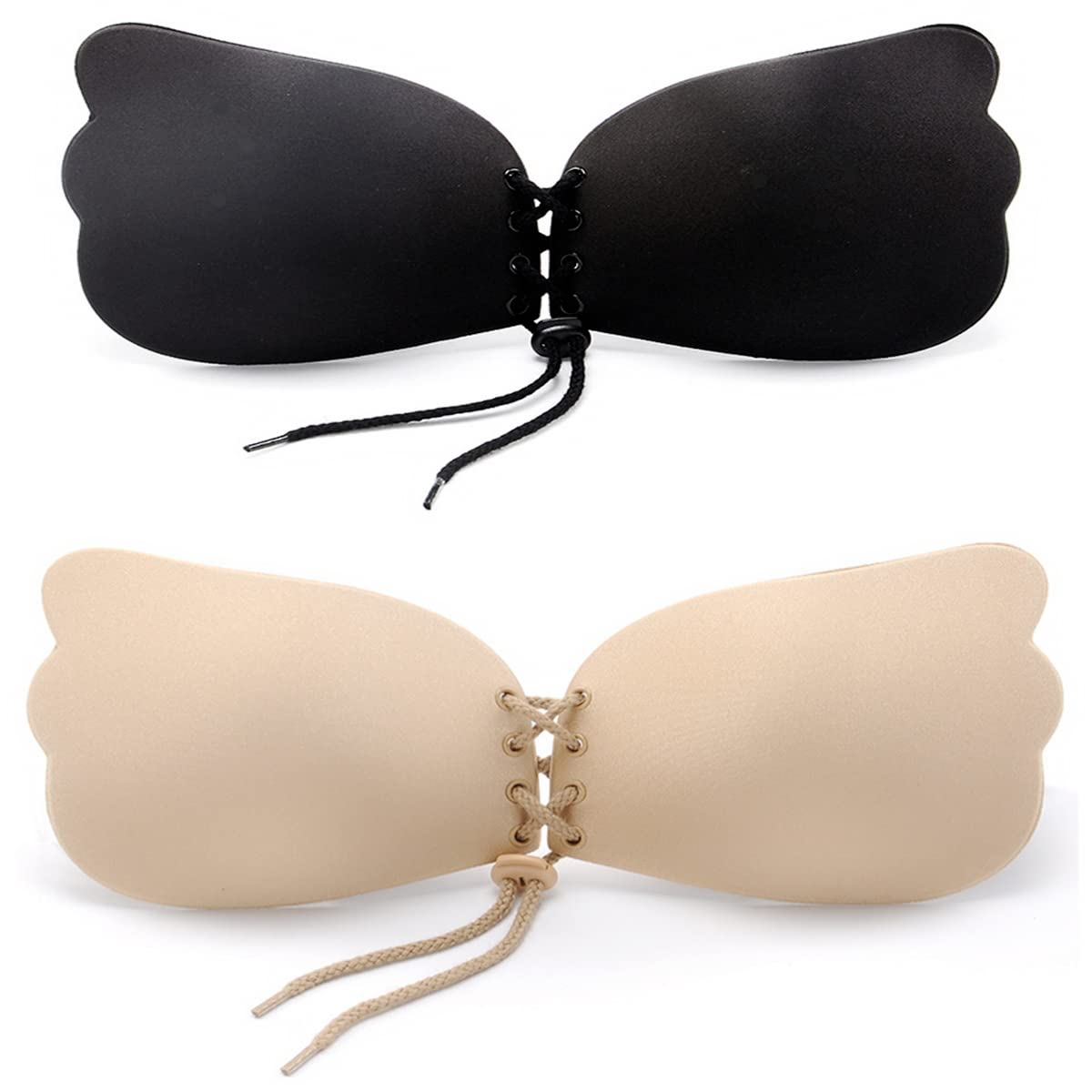 Manxing Women's Nude+Black Invisible Adhesive Strapless Bra Silicone Sticky Bra Invisible Push Up With Drawstring Reusable Bra Invisible Nipple Covers (, M)