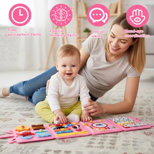 Image of SNOWIE SOFT Cartoon Unicorn Baby Toys for 0 to 3 Year Baby, Folding Travel Toy Quiet Book Early Life Skill Learning Toddler Busy Book for Buttoning, Shoe Lacing, Time Learning, Letter Learning