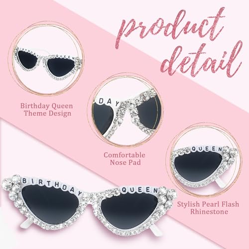 JUSTOTRY Birthday Glasses for Women Birthday Queen Sunglasses Birthday Party Gift Stylish Shiny Diamond Pearl4