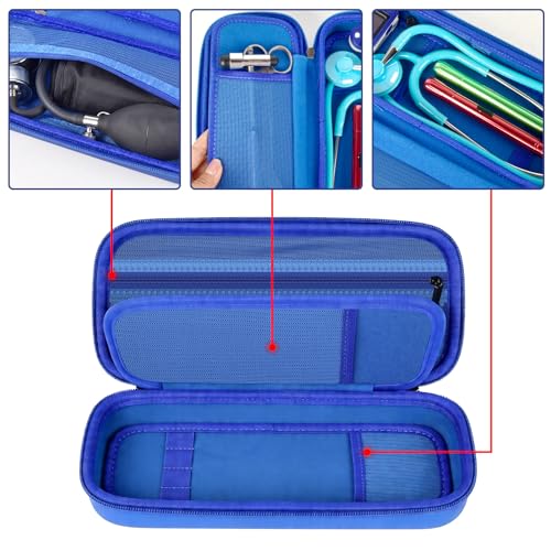 Image of Large Stethoscope Case for 3M Littmann Classic III and BP Cuff-Blue | Also Fits Paramed, for FriCARE and for Scienlodic; Layered Pockets Organize Medical Tools, Blue, Case Only