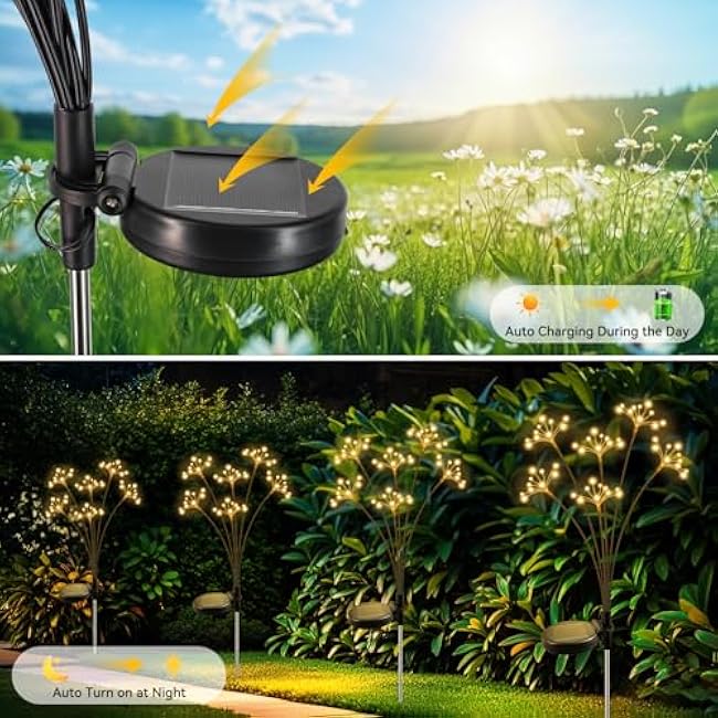 Solar Garden Lights, New Upgraded 2 Pack Solar Swaying Starburst Light, Waterproof Fireworks Outdoor Lights, Yard Patio Pathway Decoration, Warm White